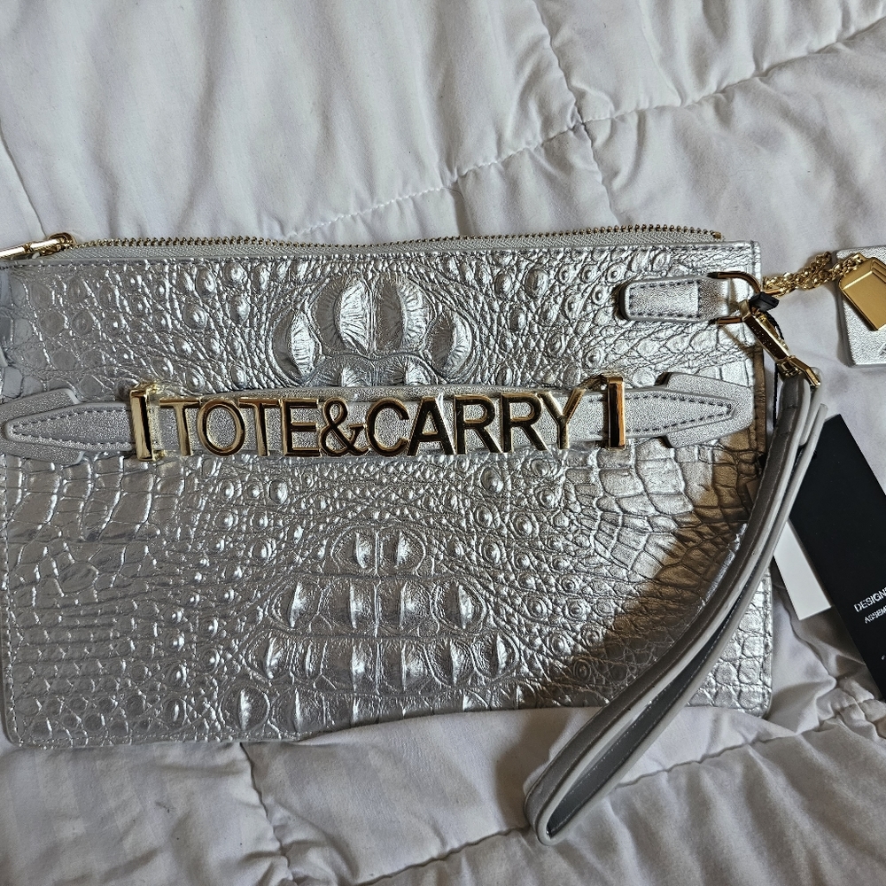 Silver Tote&Carry Crocodile Clutch